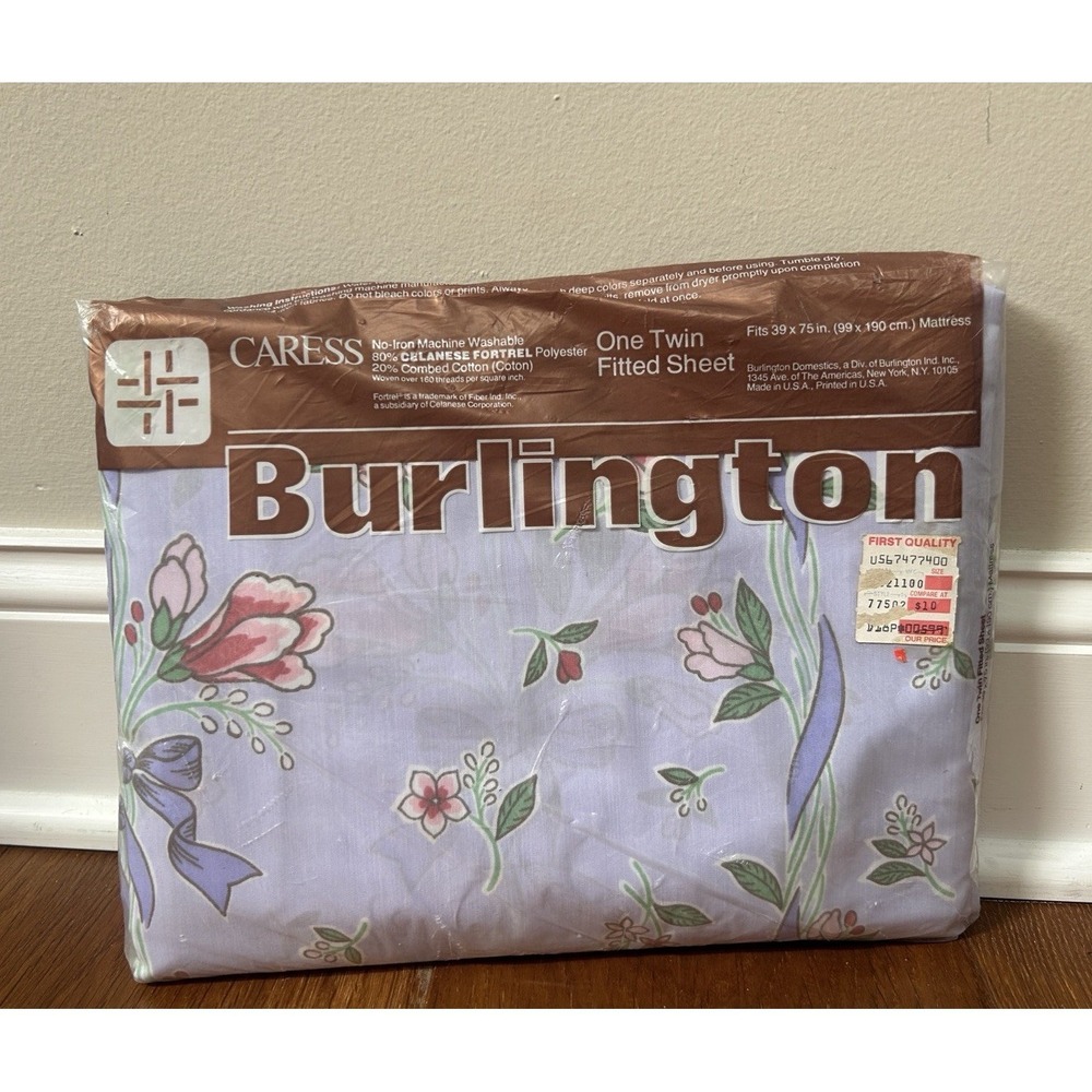 Vintage Burlington Caress Floral Fitted Twin Sheet Periwinkle Bouquet Ribbon New